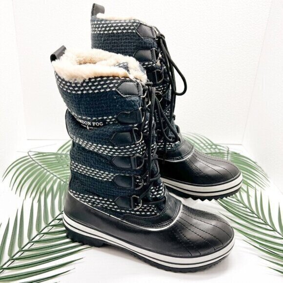 London Fog Women's Sleigh Black Round Toe Lace Up Winter Snow Boots Size 38 NWB - Picture 1 of 14